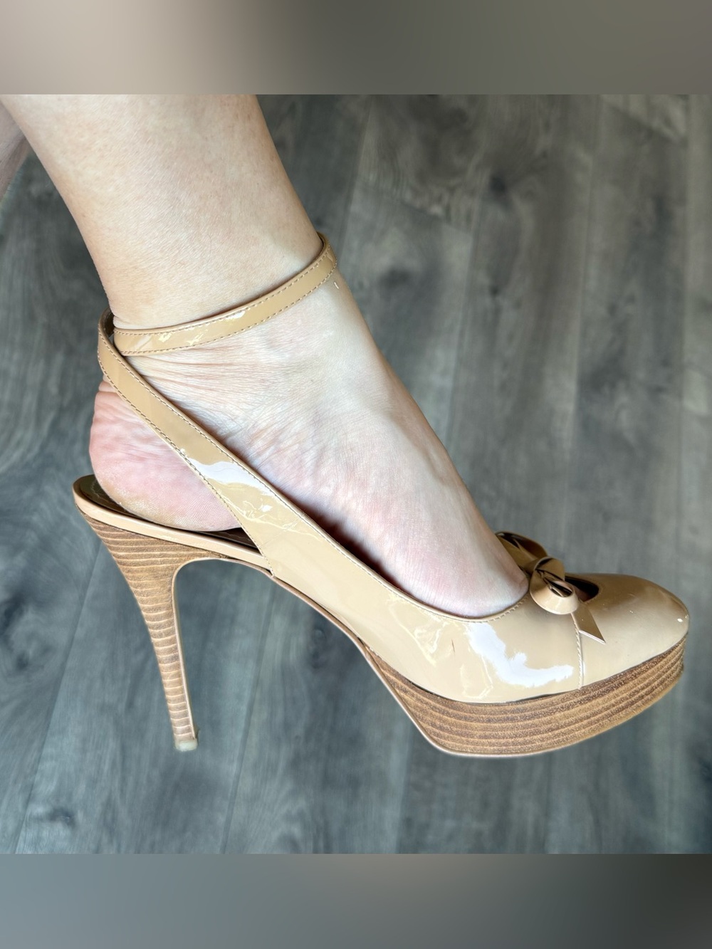 Nine West Nude Patent Slingback Platform Heels Bow Detail Size 8